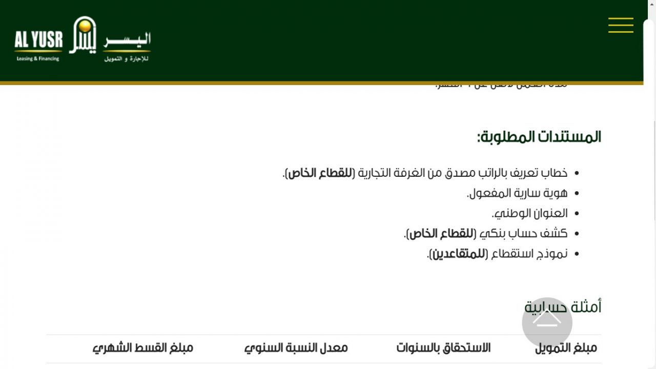 شروط اليسر للتمويل الشخصي